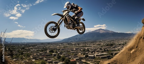 Off road motorcycle mid air jump over canyon with blue sky background © Ilja