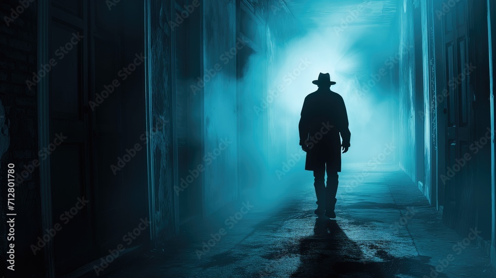 Silhouetted detective walking through a foggy corridor