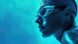 Close-up of a swimmer in goggles, immersed in blue water