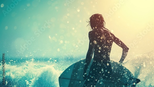 Silhouette of a surfer with a board in sparkling sea spray © Artyom