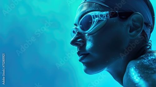Close-up of a swimmer in goggles, immersed in blue water photo