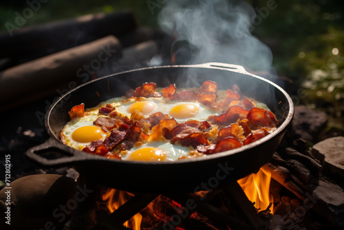 Camping breakfast on fire with bacon and eggs in a cast iron skillet. Fried eggs with bacon in a pan in the forest. Food for camping. generative ai