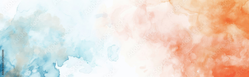 Fototapeta premium Watercolor abstract background on white canvas with dynamic mix of soft blue and warm orange colors, banner, panorama