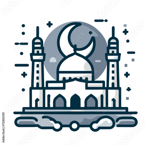 The image is a simple line drawing of a mosque with two minarets and a crescent moon in the background. The mosque is in a traditional style, with pointed arches and geometric patterns. The line drawi