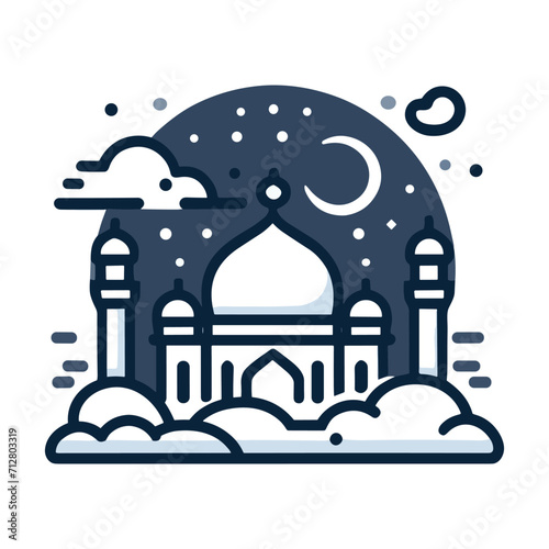 The image is a simple line drawing of a mosque with two minarets and a crescent moon in the background. The mosque is in a traditional style, with pointed arches and geometric patterns. The line drawi