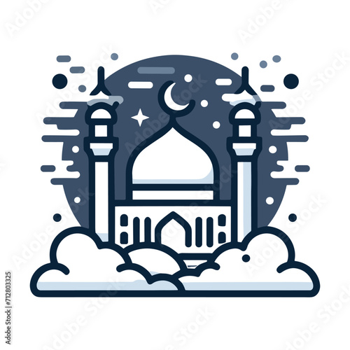 The image is a simple line drawing of a mosque with two minarets and a crescent moon in the background. The mosque is in a traditional style, with pointed arches and geometric patterns. The line drawi