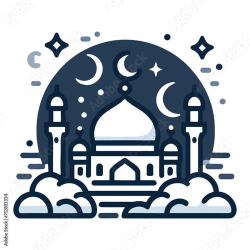 The image is a simple line drawing of a mosque with two minarets and a crescent moon in the background. The mosque is in a traditional style, with pointed arches and geometric patterns. The line drawi