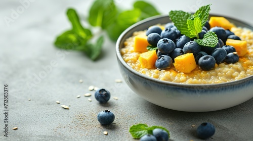 Tasty millet porridge with blueberries, pumpkin and mint in bowl on light grey table, closeup