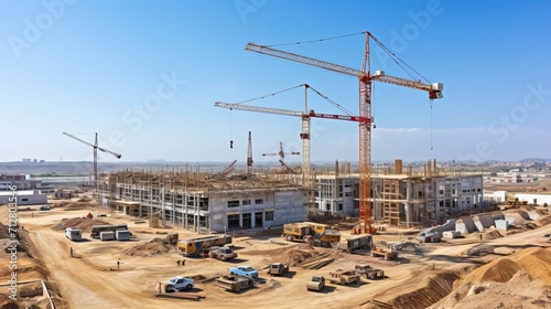 House construction process crane and building construction site against blue sky