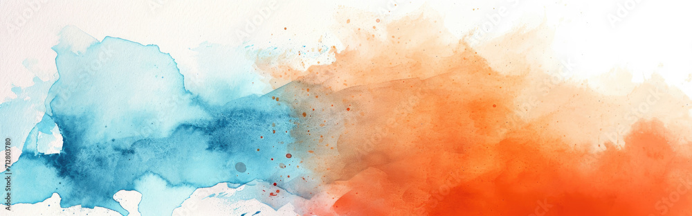 Watercolor abstract background on white canvas with dynamic mix of soft blue and warm orange colors, banner, panorama