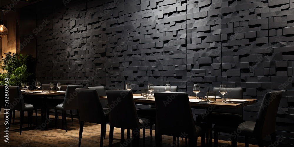 The restaurant has a loft-style interior design featuring tables, chairs, a black wall, and a decorative stone block panel.
