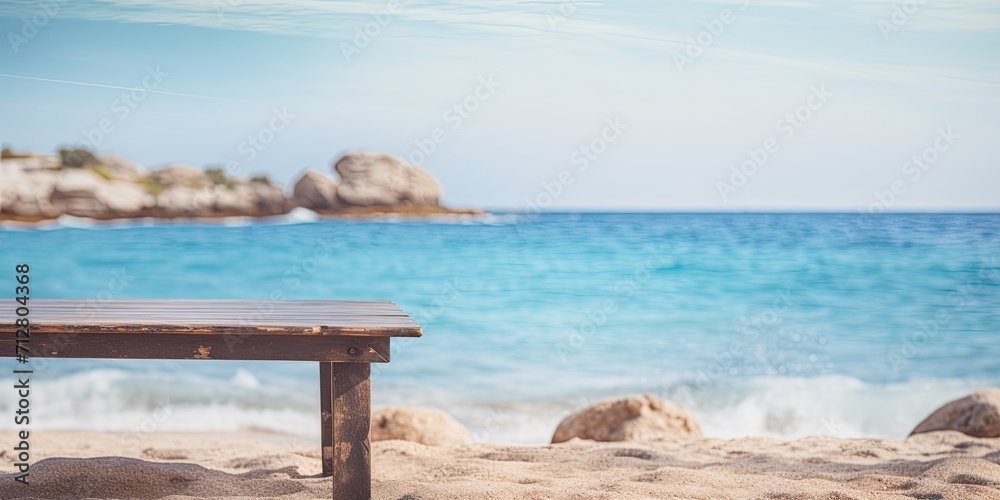 Table with blurry Mediterranean beach background, ready for product montage. Table with blurry Mediterranean beach background, ready for product montage.