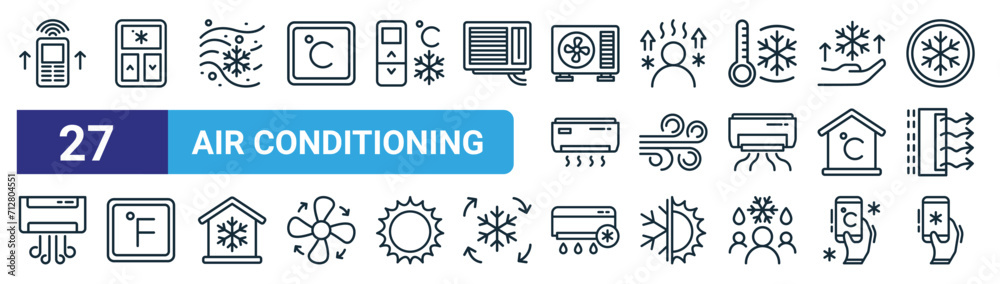 set of 27 outline web air conditioning icons such as ac remote, ac remote, wind blow, people, wind blow, fahrenheit, air conditioner, ac remote vector thin line icons for web design, mobile app. - obrazy, fototapety, plakaty 