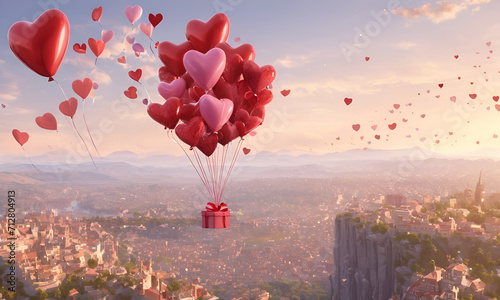 3D rendering for Valentine's Day, featuring clear and vibrant heart-shaped balloons with flying gift boxes, creating a visually appealing love concept photo