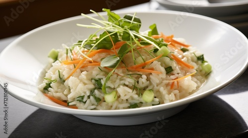 Close up of delicious risotto with spring carrots and leeks on white plate
