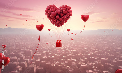 3D rendering for Valentine's Day, featuring clear and vibrant heart-shaped balloons with flying gift boxes, creating a visually appealing love concept
