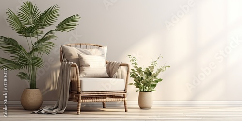 Minimalistic living room with a stylish rattan armchair, palm leaf, plaid, beige macrame, flowers, and elegant accessories. Wall in eucalyptus color.