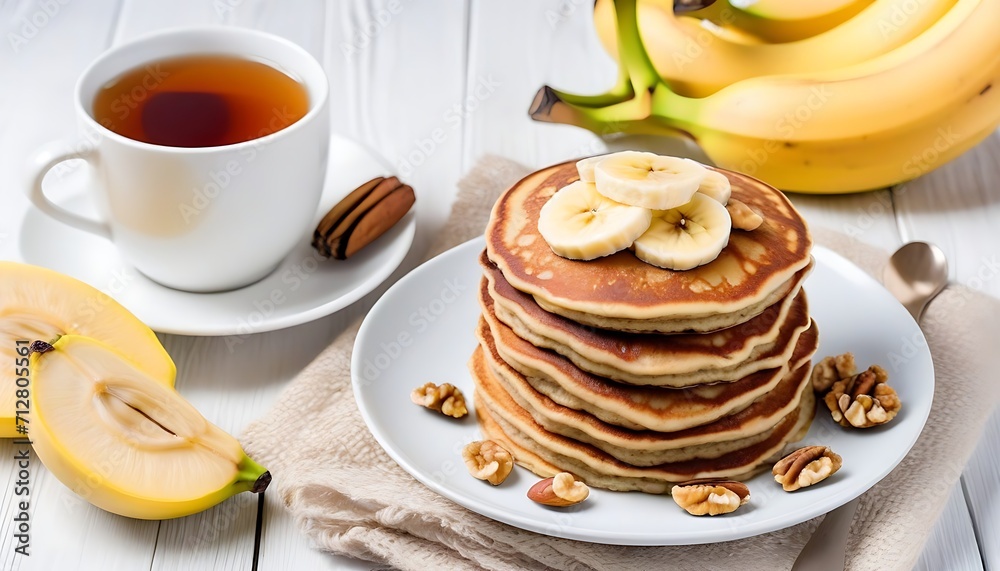 A stack of oatmeal banana pancakes with fresh banana slices, walnuts and honey on top and a cup of tea on a white wooden background. A healthy breakfast. Copy space A stack of oatmeal banana pancakes with fresh banana slices, walnuts and honey on top and a cup of tea on a white wooden background. A healthy breakfast. Copy space