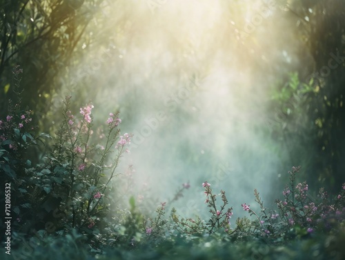 Whispers of Dawn: Delicate Wildflowers Basking in the Hazy Sunlight of a Mystical Forest 