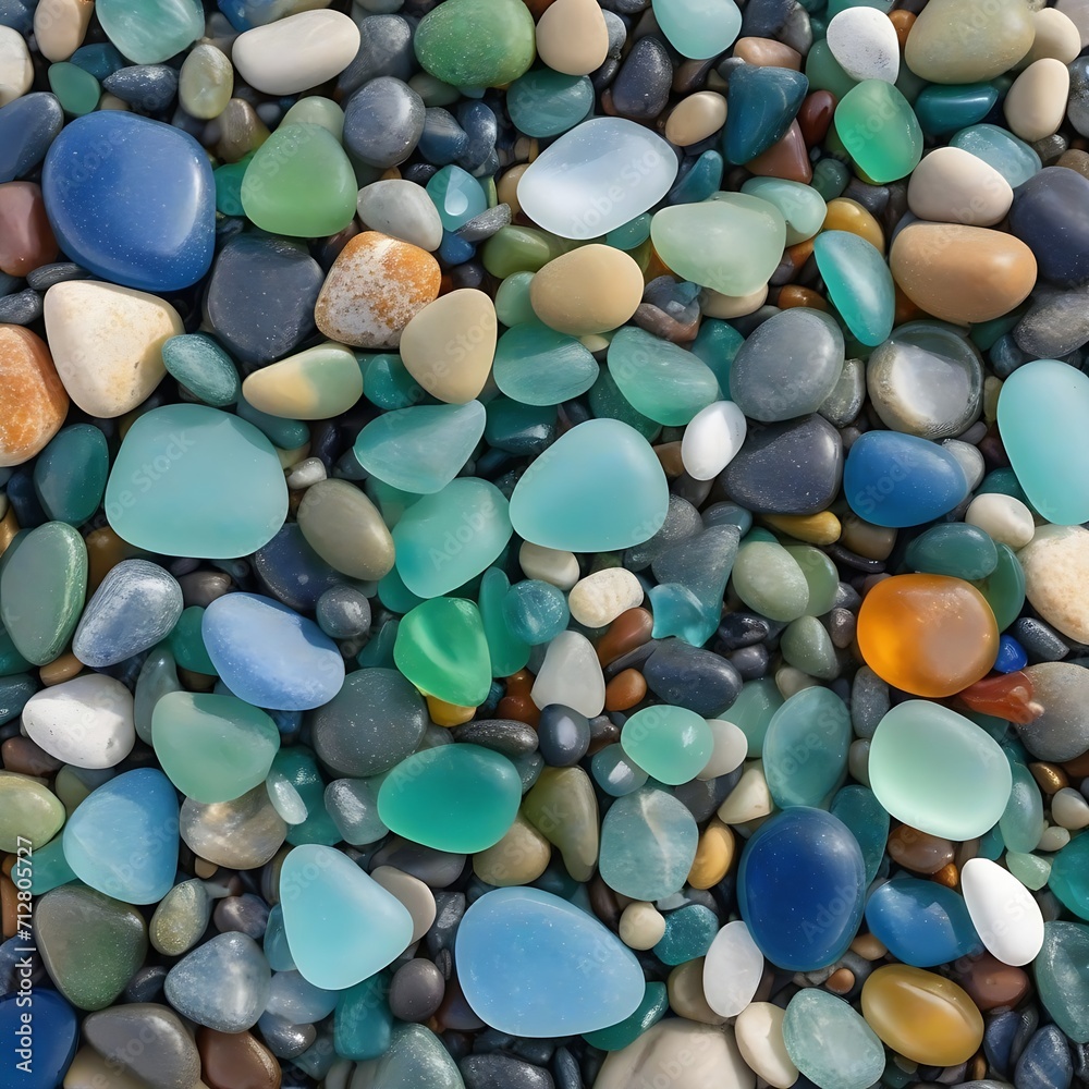 Colorful gemstones on a beach. Polish textured sea glass and stones on the seashore. Green, blue shiny glass with multi-colored sea pebbles close-up. Beach summer background. Colorful gemstones on a beach. Polish textured sea glass and stones on the seashore. Green, blue shiny glass with multi-colored sea pebbles close-up. Beach summer background.