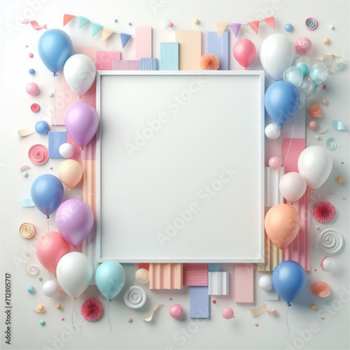Birthday party frame vector white background with balloons and presents gifts,colorful confetti,birthday decoration, IA generated 