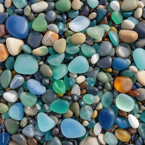 Colorful gemstones on a beach. Polish textured sea glass and stones on the seashore. Green, blue shiny glass with multi-colored sea pebbles close-up. Beach summer background.