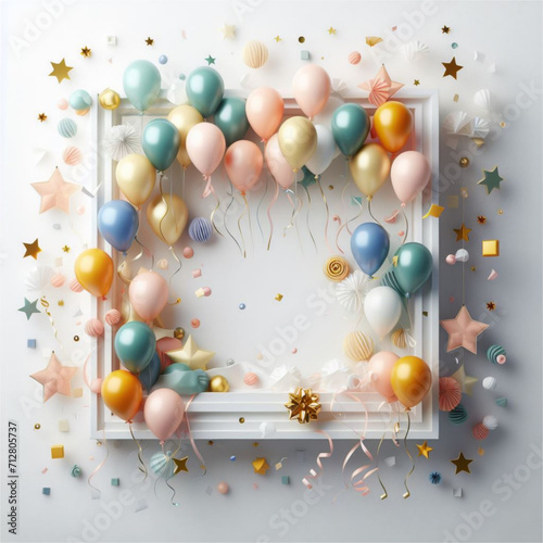 Birthday party frame vector white background with balloons and presents gifts,colorful confetti,birthday decoration, IA generated 