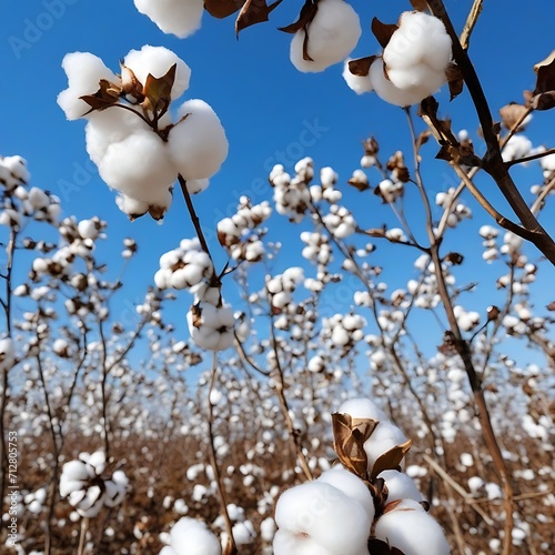 Cotton field plantation , close-up of a box of high-quality cotton against a blue sky.