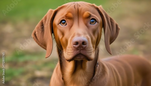 Cute dog or pet is looking happy. Brown vizsla young dog is posing. Cute, happy crazy dog headshot 