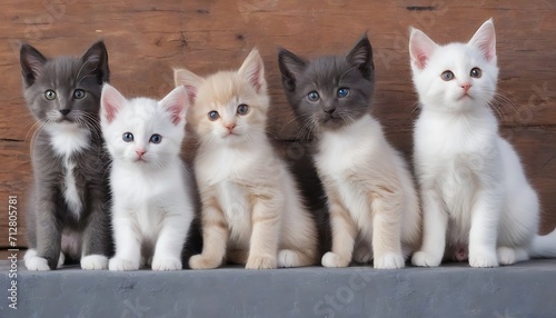 Different colored cat kittens, sitting beside each other on row. A group of different kitten