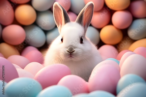 An adorable rabbit surrounded by a spectrum of Easter eggs