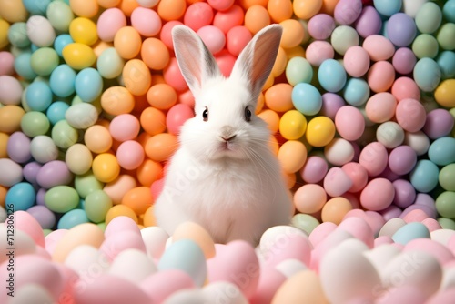 An adorable rabbit surrounded by a spectrum of Easter eggs