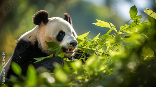 An adorable panda bear happily munching on fresh bamboo shoots in a lush green forest