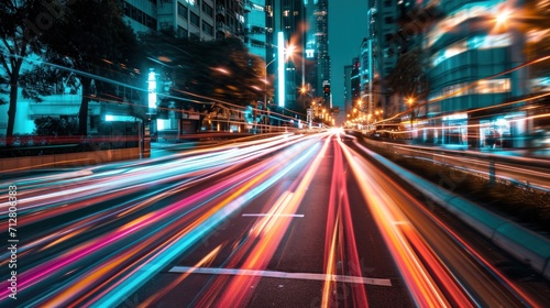 Light trails on the modern building background. Light trails at night in urban environment, Abstract Motion Blur City, traffic, transportation, street, road, speed © pinkrabbit