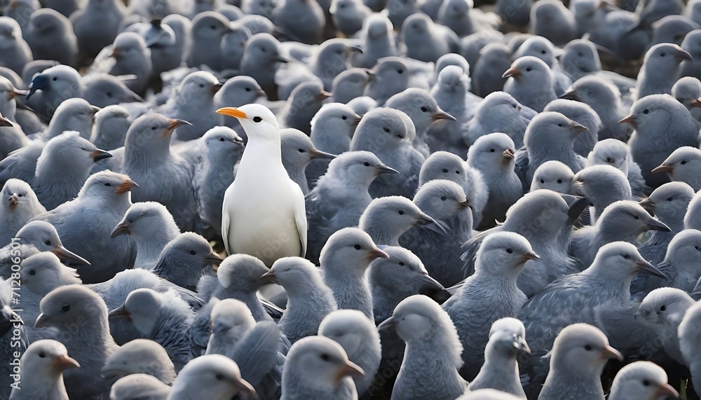 Obraz premium Standing out from the crowd , white bird standing between man gray birds