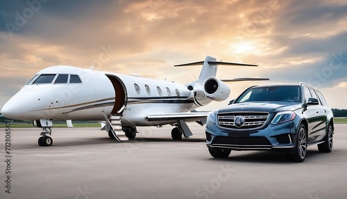 Super car and private jet on landing strip. Business class service at the airport. Business class transfer. Airport shuttle.