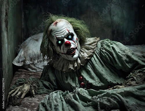 Nightmare Fuel - Terrifying one-eyed giant, creepy doll, sinister clown, and phantom hovering over a bed in gritty wormwood green Gen AI photo