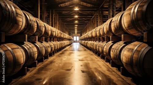 Old fashioned whiskey, bourbon, and scotch barrels resting in a rustic aging facility