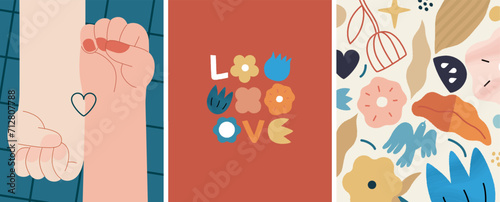 фотографія Valentines day cards set - modern flat vector concept illustrations of couples celebrating their love, greeting card design, floral environment
