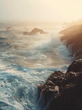 Majestic Ocean Waves Crashing Against Rocky Cliff at Sunset, Dramatic Seascape

