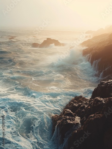 Majestic Ocean Waves Crashing Against Rocky Cliff at Sunset, Dramatic Seascape 