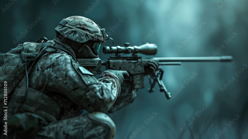 Cartoon digital avatar of a stealthy sniper in night camo, using a silenced sniper rifle for a covert mission Cartoon digital avatar of a stealthy sniper in night camo, using a silenced sniper rifle for a covert mission