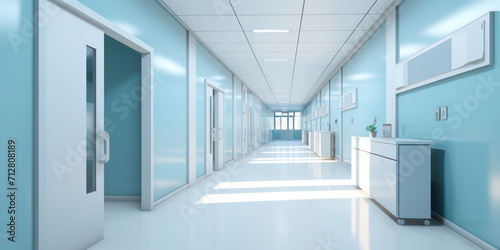 Clean, Modern Hospital Corridor with Bright Interior and Empty Hallway, White Walls and Blue Door in Clinical Health Care Facility