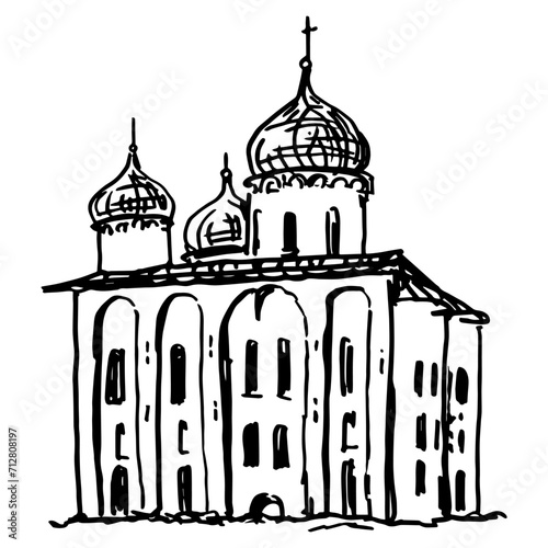 St. George's Cathedral in Yuriev Monastery near Novgorod, Russia. Hand drawn linear doodle rough sketch. Black and white silhouette. photo