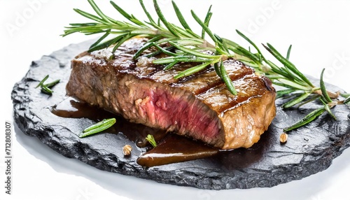 Grilled beef fillet steak meat with rosemary isolated on white background