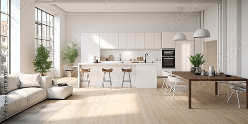 White-walled studio apartment with open kitchen, dining area, and living room. © Sona