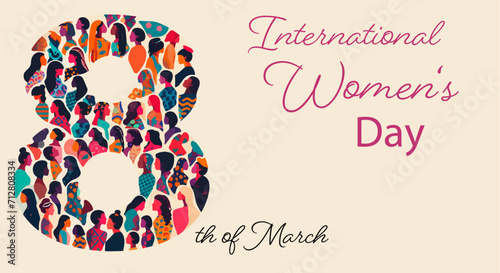 Vektorillustration der Zahl 8 mit vielen verschiedenen Frauen, symbolisch für den internationalen Frauentag am 8. März.