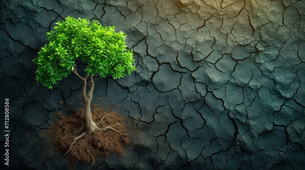 Green plant emerges from dry, cracked earth, impact of CO2 absorption