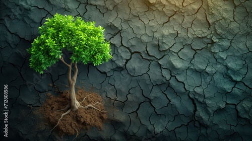 Green plant emerges from dry, cracked earth, impact of CO2 absorption on the environment. the potential for ecological restoration and the role of plants in mitigating climate effects. photo