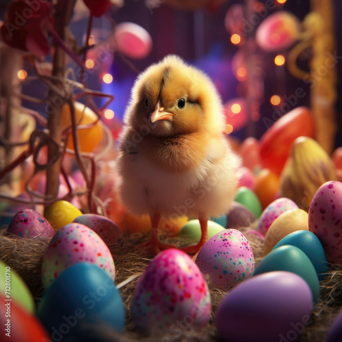Easter Chick with colorful easter eggs